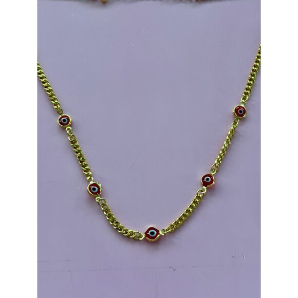 Gold Chain Necklace With Red & Black Evil Eye Charms Adjustable Length Dainty & - Picture 3 of 5